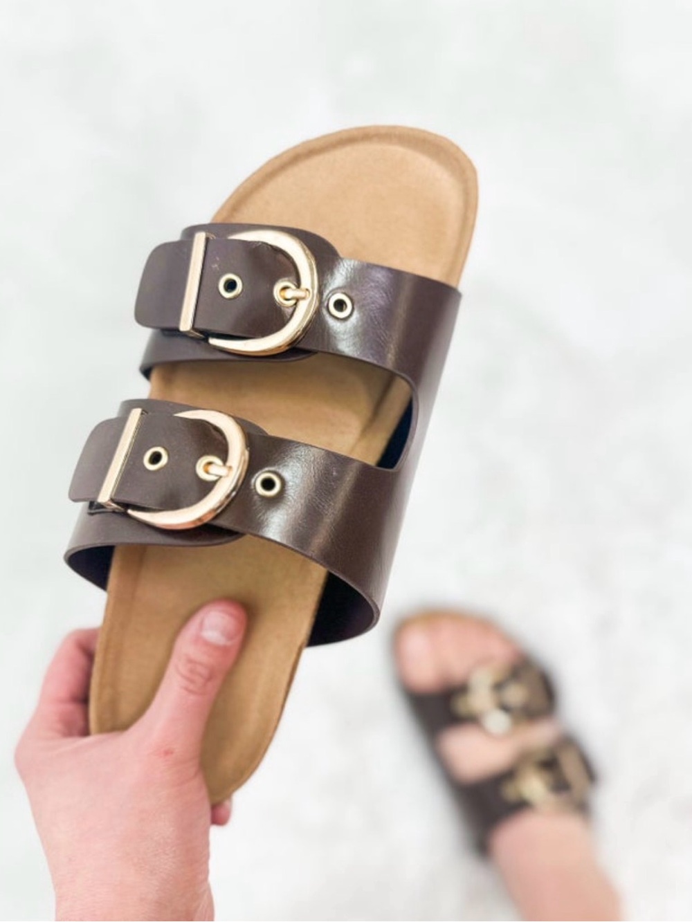 BAMBOO Double Buckle Slide Sandal - Dark Brown with Gold Hardware